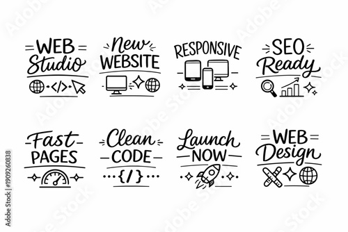 Web design elements: studio, new website, responsive, seo, fast pages, clean code, launch