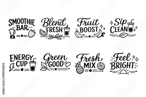 Smoothie bar logos and icons: fresh fruit, green mix, energy cup, feel bright