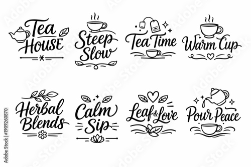 Charming tea-themed illustrations featuring warm cups and calming messages