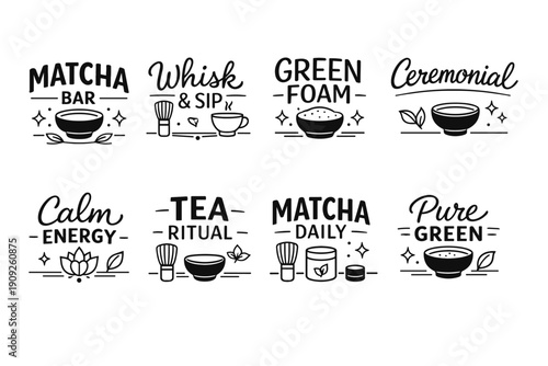 Matcha bar illustrations: ritual, foam, ceremonial, pure, energy