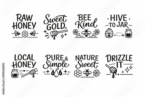 Honey-themed vector icons collection featuring bees, jars, and catchy phrases