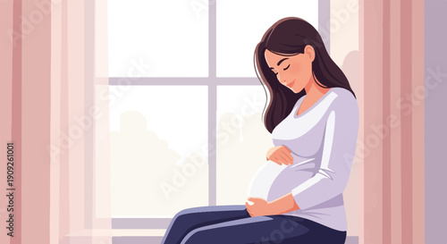 A pregnant woman sits near a window with her eyes closed, cradling her belly