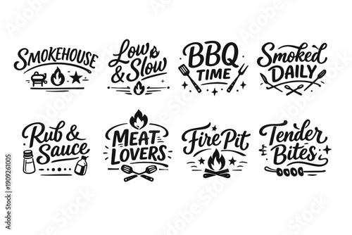 Barbecue-themed illustrated typography collection with grill elements