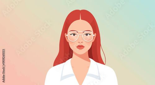 A pixelated portrait of a woman with long red hair and glasses
