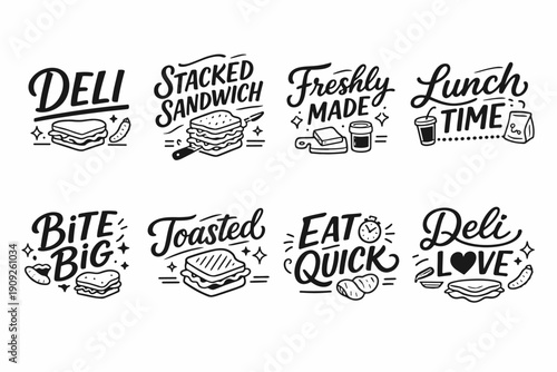 Deli-themed typography illustrations of sandwiches and food icons