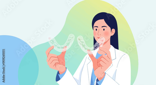 A professional holds transparent aligners, demonstrating dental care and treatment options