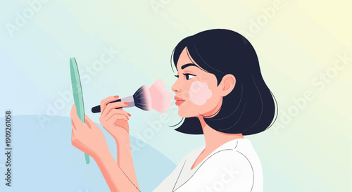 A profile of a woman applying blush with a brush while holding a mirror