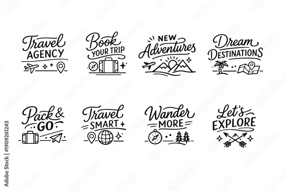Fototapeta premium Travel slogans and icons: adventure, exploration, wanderlust, destinations, travel smart