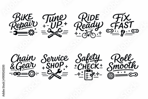 Bicycle maintenance labels with tools and icons for repair and safety