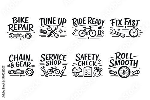 Bicycle repair and maintenance icons for bike services and safety