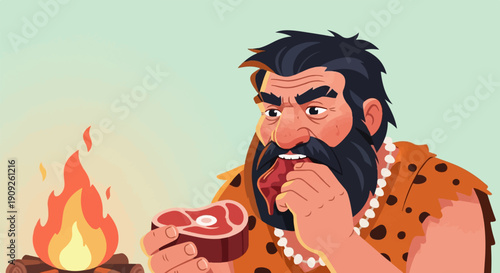 A rugged man in animal skins eats raw meat beside a campfire