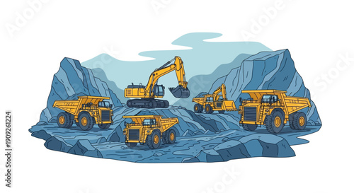Illustration of heavy machinery operating in a quarry with mountains in the background.