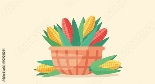 A rustic basket overflows with colorful ears of corn and lush green husks