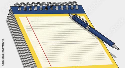 A notebook with blue spiral binding, yellow cover, and a blue pen resting on its pages