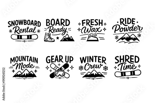 Winter sports icons: snowboard rental, gear, mountains, and seasons