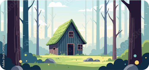 A quaint, rustic cabin nestled in a serene, misty forest setting