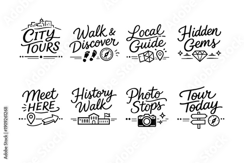 City tours icon set: walk, discover, guide, hidden gems, meet, history, photo, tour