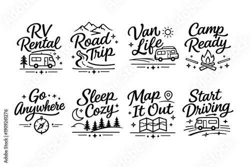 Rv adventure badges: road trip, van life, camp ready designs