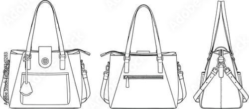 Stylish tote handbag technical flat sketch showing front back and side views with zipper pocket and strap hardware details