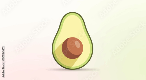 A simple, flat illustration of a halved avocado with its pit casts a shadow