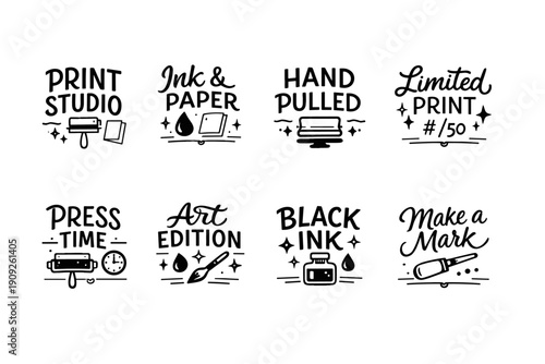 Print studio art icons: ink, paper, hand-pulled, limited editions, press time