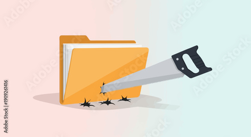 A saw cuts into an open file folder, creating debris