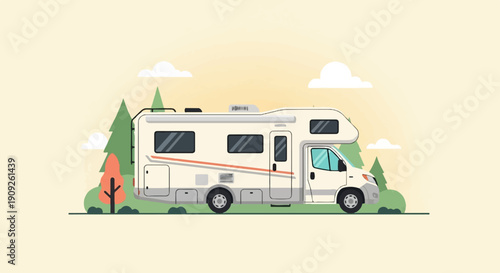 A minimalist illustration of a white recreational vehicle parked among trees