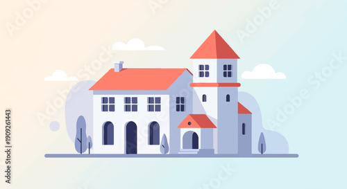 A minimalist illustration of a white building with a red roof and tower