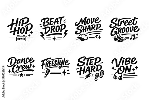 Urban dance phrases with hip hop icons and dynamic typography