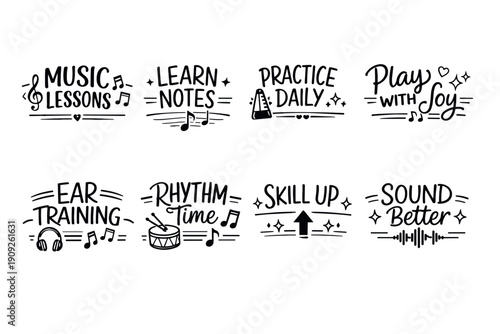 Music motivational phrases with icons and decorative elements