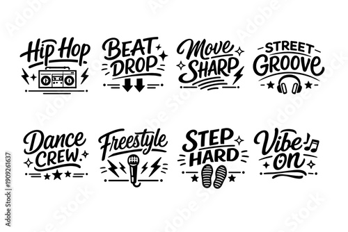 Hip hop style dance and music typography set with icons