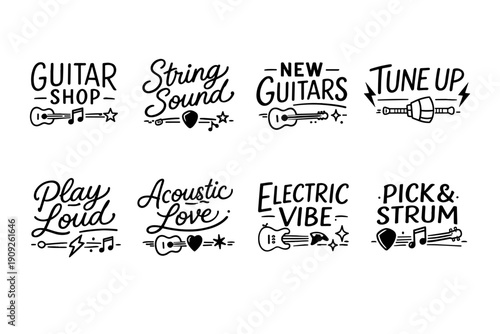 Guitar-themed vintage badges featuring musical elements and instruments