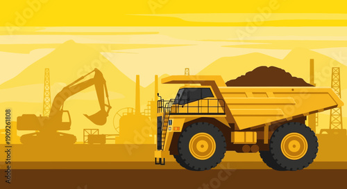 Illustration of a large yellow dump truck carrying soil in a construction site with an excavator and mountains in the background.