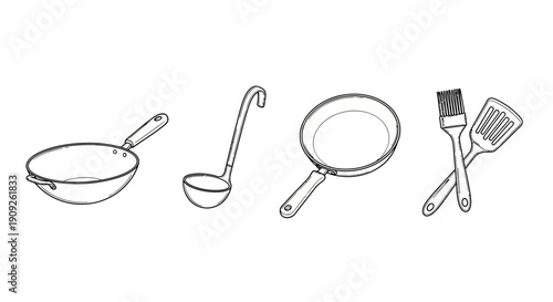 Kitchen Utensils Set: Wok, Ladle, Frying Pan, Spatula, Brush - Line Art
