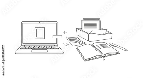 Laptop and documents on desk, symbolizing digital workflow and organization