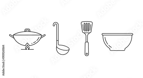 Kitchen Utensils Line Icons: Wok on Stove, Ladle, Spatula, Bowl