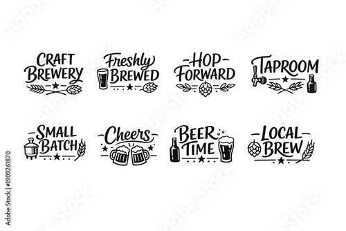 Craft beer designs with beer mugs, hops, and taproom logos