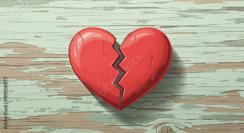 A red broken heart rests on a distressed light green and brown wooden surface