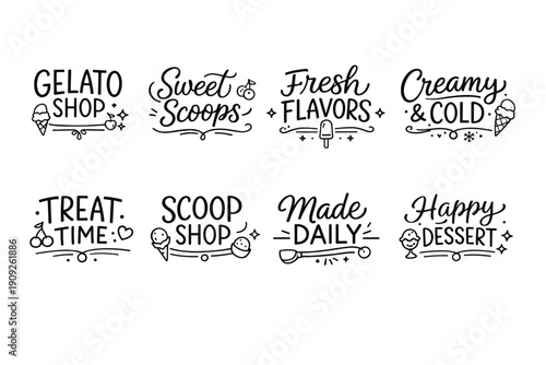 Gelato and ice cream shop logos with playful typography and dessert icons