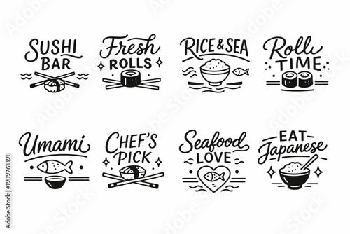 Japanese cuisine logos featuring sushi rolls and seafood elements