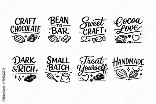 Artisan chocolate phrases collection: craft, bean to bar, sweet treats