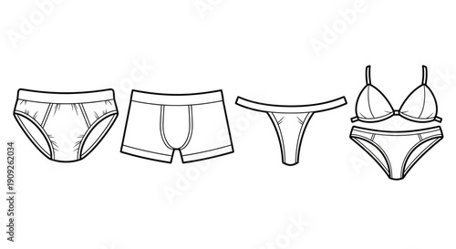 Line Art Collection of Underwear: Briefs, Boxer Briefs, Thong, and Bra Set