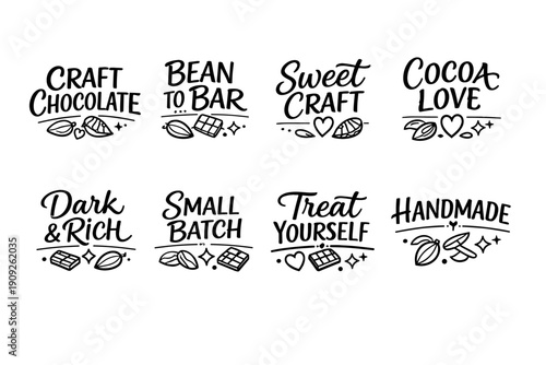 Artisan chocolate labels with cocoa and treat icons