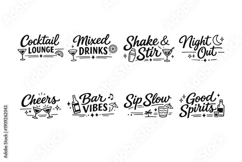 Cocktail lounge and bar vibes: mixed drinks and night out graphics set