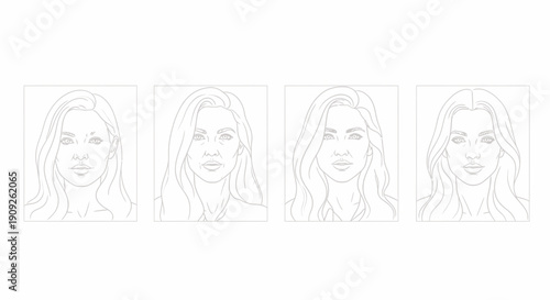 Line art portraits of a woman's face showing different expressions and features