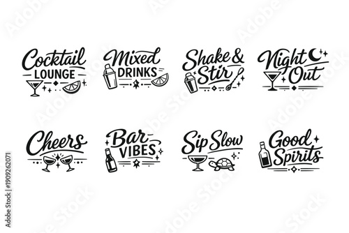 Hand-drawn cocktail and bar-themed typography set with decorative elements