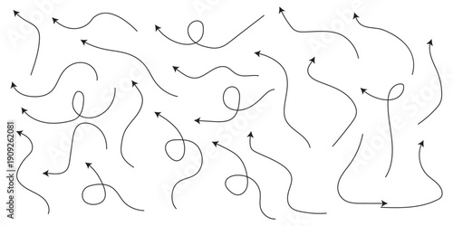 Black arrow sketches collection - hand drawn doodle style pointers, curved lines, round swirls. White background EPS version