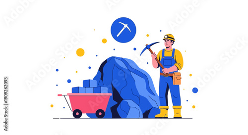 Illustration of a worker with a pickaxe standing next to a wheelbarrow and a large blue gemstone on a white background with colorful dots.