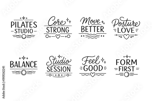 Pilates motivational phrases with artistic typography designs