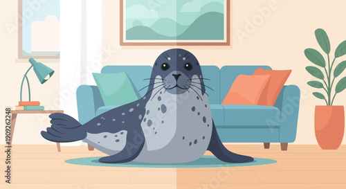 A seal relaxes on a rug in a living room with a couch